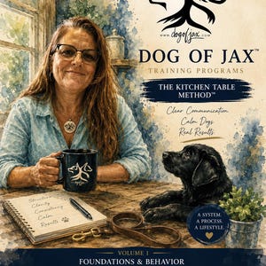 以下が含まれることがあります： Dog of Jax Training Programsのプロモーション用ポスター。水彩画風で、ロゴ入りの黒いマグカップを持つ人物、黒い子犬、手書き文字のあるノート、革製のリード、そして「The Kitchen Table Method」というテキストが描かれています。