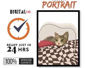 Puede incluir: Retrato digital personalizado de un gato, enmarcado en negro. El gato está acostado sobre una manta a cuadros con una almohada roja. La imagen incluye el texto "Custom Portrait", "Digital File" y "Ready Just In 24 Hrs".