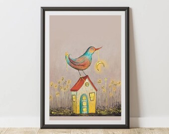 Whimsical Bird Art Print: Dreamy Moon, House Illustration (Digital Download)
