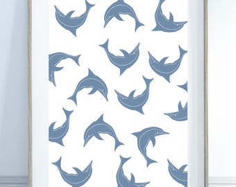 Kinderkamerprint blauwe dolfijn: kinderkamerdecoratie oceaandieren (digitale download)