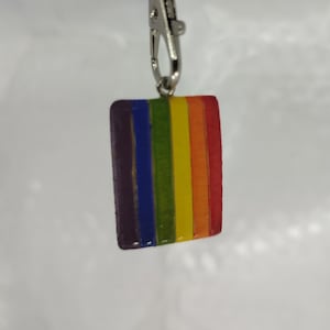 Può includere: Un portachiavi rettangolare con un design arcobaleno. Il portachiavi ha una chiusura argentata e presenta strisce verticali nei colori dell'arcobaleno: viola, blu, verde, giallo, arancione e rosso. Il portachiavi è un simbolo dell'orgoglio LGBTQ+.