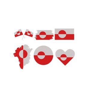 May include: A collection of Greenland flag designs including two crossed flags, a brushstroke flag, a rectangular flag, a map outline of Greenland, a circular emblem, and a heart shape, all featuring the red and white horizontal bicolor design.