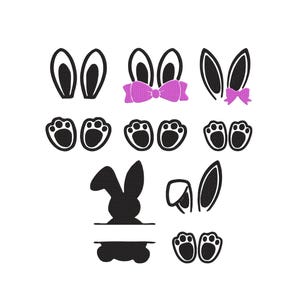 Op de afbeelding: Een verzameling paasafbeeldingen, waaronder zwarte konijnenoren, pootafdrukken en een konijnensilhouet met ruimte voor personalisatie. Sommige oren hebben roze strikken. Perfect voor knutselprojecten.