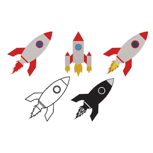 Puede incluir: Cinco cohetes de dibujos animados en varios estilos. Tres cohetes son a color, con detalles rojos, grises y amarillos. Dos cohetes son en blanco y negro, uno delineado y el otro negro sólido. Todos tienen ventanas circulares.