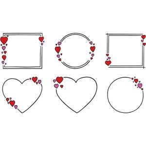 Puede incluir: Una colección de seis marcos y formas de arte lineal negro, cada uno adornado con ilustraciones de corazones rojos y rosas. Los diseños incluyen marcos rectangulares, circulares y en forma de corazón, perfectos para San Valentín o temas románticos.