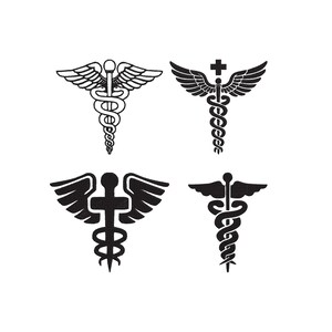 May include: Four black Caduceus symbols, a medical symbol, are displayed against a white background. Each symbol features a staff with two snakes entwined, topped with wings. Two symbols have a cross.