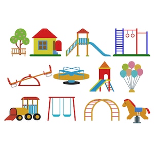 Könnte beinhalten: Eine Sammlung farbenfroher Illustrationen von Spielplatzgeräten, darunter ein Haus, eine Rutsche, Schaukeln und ein Zug. Weitere Elemente sind eine Wippe, ein Karussell, Kletterstangen, ein Kletterbogen, ein Schaukelpferd und Ballons.