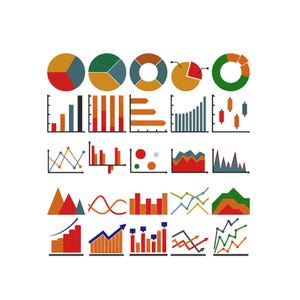 May include: A collection of twenty-five colorful data visualization icons arranged in a grid. The set includes various pie charts, bar graphs, line charts, area charts, and candlestick charts in shades of red, orange, green, blue, and gray.