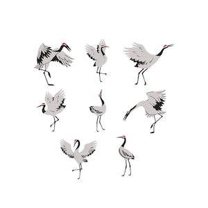 May include: A collection of stylized illustrations of cranes in various poses. The birds are depicted with gray bodies, black wingtips, and red markings on their heads. The cranes are shown with their wings spread, in flight, and standing.