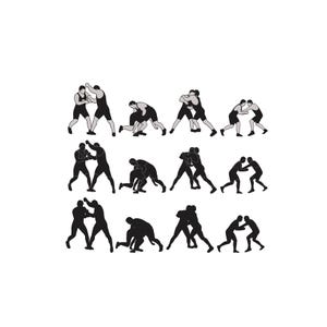 May include: A collection of black and white illustrations depicting wrestling poses. The images show two figures in various grappling positions, including standing, clinching, and ground maneuvers. The figures are in athletic attire.