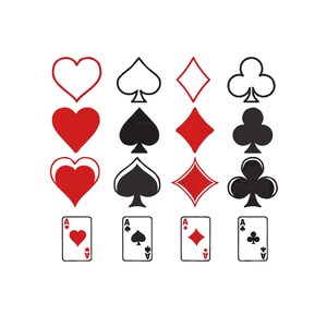 Può includere: Illustrazione di simboli di carte da gioco e assi. L'immagine presenta cuori, picche, quadri e fiori in rosso e nero, più quattro carte asso. I simboli sono disposti in righe e colonne su sfondo bianco.