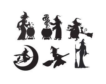 Witch Embroidery Design Bundle: Halloween Silhouette, 6 Sizes (Digital Download