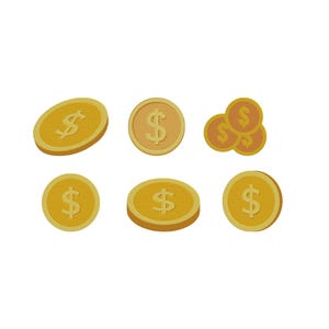 May include: Illustration of six gold coins featuring a dollar sign. The coins are depicted in different positions, some angled and others flat. The coins have a textured look and a yellow-gold colour.