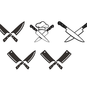 Peut inclure: Plusieurs illustrations en noir et blanc de couteaux et de couperets croisés. Les motifs comprennent différents styles de couteaux, une toque de chef et des couperets, tous disposés symétriquement sur fond blanc. Idéal pour les designs culinaires.