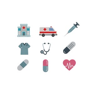 May include: A collection of medical icons on a white background. The icons include a hospital, ambulance, syringe, scrubs, stethoscope, pills, and a heart symbol. The illustrations are in a flat design style with a limited color palette.