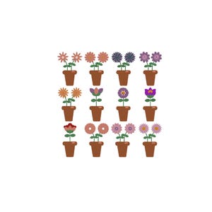 May include: A collection of twelve potted plants arranged in a grid. Each plant features a brown terracotta-style pot with green stems and various colorful flower heads in shades of pink, purple, orange, red, and lavender with distinct petal shapes.