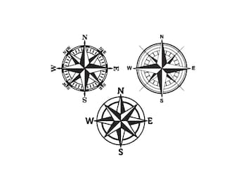 May include: Three black and white compass rose designs on a white background. Each compass rose features directional indicators (N, S, E, W) and a star-shaped design in the center, suitable for nautical or travel-themed projects.