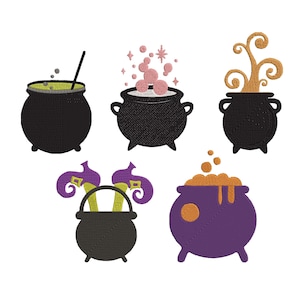 May include: A collection of five embroidered cauldrons in various designs. The cauldrons are black, purple, and green, with details including bubbling potions, witch hats, and swirling steam. Perfect for Halloween or witch-themed crafts.