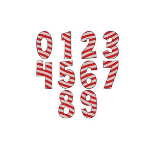 May include: A set of ten numerical digits from zero to nine, each featuring a red and white diagonal candy cane striped pattern with a dark outline. The numbers are arranged in a grid-like formation against a plain white background.