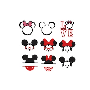 May include: A collection of nine graphic icons featuring black and red mouse-themed silhouettes. The designs include outlines, characters with red bows and glasses, and split-circle monograms with red accents. The word LOVE is printed in red.