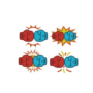 May include: Four illustrations of boxing gloves in red and blue. Each pair of gloves is depicted in a different pose, with stylized bursts of energy around them, suggesting impact or a fight.