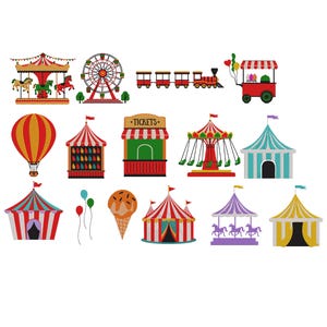 May include: A collection of colorful circus-themed illustrations. The image includes a carousel, Ferris wheel, train, food cart, hot air balloon, game booth, ticket booth, swing ride, circus tents, balloons, and an ice cream cone.