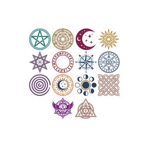 May include: A collection of fourteen distinct circular and geometric symbols arranged in a grid. The icons feature various designs including a pentagram, a crescent moon, a sun, a compass, a spiral, a skull with wings, and intricate knotwork.