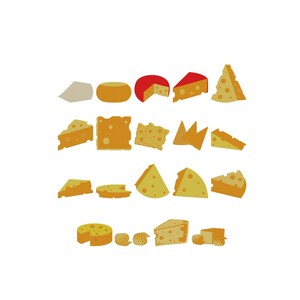 Peut inclure: Une collection de différents types de fromages, comprenant des quartiers, des meules et des blocs, dans des tons de jaune, d'orange et de blanc. Certains fromages ont des trous, et quelques noisettes de beurre sont également présentes. L'image est sur fond blanc.