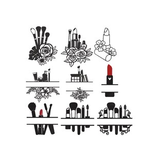 May include: A collection of black and white makeup-themed illustrations. The designs include makeup brushes, lipsticks, and floral accents. Some designs have space for personalization. The overall theme is beauty and cosmetics.