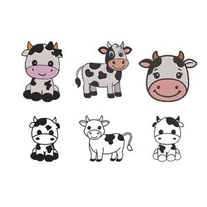 Peut inclure: Six illustrations de vaches de dessin animé. Les vaches sont principalement noires et blanches avec des détails roses et jaunes. La collection comprend des vaches assises, debout et une tête de vache. Les illustrations sont sur fond blanc.