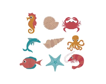 Sea Animals Embroidery, Sea Animals Embroidery Designs, Beach Embroidery Designs, Sea Creatures Embroidery, Ocean Animal Embroidery, 6 Sizes