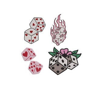May include: Four embroidered dice designs. Two white dice with red hearts, two pink dice with red hearts, a dice engulfed in pink flames, and two gray dice with a flower and leaves.