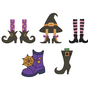 May include: A collection of whimsical Halloween-themed illustrations featuring witch legs, boots, and a hat. The designs include purple and black boots, a black witch hat with a gold buckle, and various decorative elements, perfect for seasonal crafts and decorations.