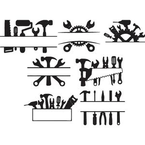 Peut inclure: Illustrations en silhouette noire de divers outils, notamment des marteaux, des clés, des scies et des tournevis. Les outils sont disposés en différents groupes, chacun avec un espace horizontal pour le texte. Le thème général est lié à la construction ou à la réparation.