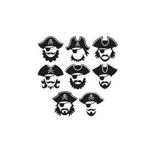 Könnte beinhalten: Eine Sammlung von acht schwarz-weißen Grafiksymbolen, die stilisierte Piratenköpfe darstellen. Jede Figur trägt einen Dreispitz mit Totenkopf-Emblem, eine Augenklappe und zeigt einen individuellen Bart- und Schnurrbartstil.