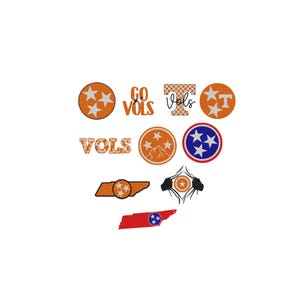 Pode incluir: Uma coleção de adesivos gráficos com o tema Tennessee Volunteers em tons de laranja e branco. Os designs incluem o contorno do estado, o emblema de três estrelas, a letra T e o texto GO VOLS e VOLS em várias fontes e padrões.