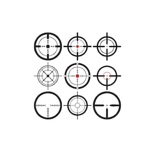 May include: Nine black and white crosshair designs on a white background. The crosshairs vary in style, with some featuring red dots in the center. The designs are circular and cross-shaped, representing aiming targets.