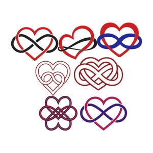 May include: A collection of seven heart-shaped designs with infinity symbols. The hearts are in various colors, including red, black, and purple, with the infinity symbols in contrasting colors. The designs are on a white background.