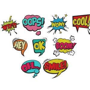 Puede incluir: Un conjunto de coloridas burbujas de diálogo de cómic con exclamaciones. Las burbujas muestran palabras como "OOPS!", "WOW!", "COOL!", "HEY", "OK", "BOOM!", "OH..." y "SMILE!" sobre un fondo blanco.