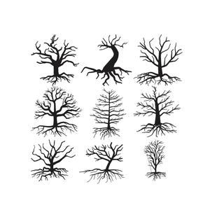 May include: A collection of nine black silhouette tree illustrations with bare branches and exposed roots. The trees vary in shape and size, set against a white background. Ideal for digital art, design projects, or seasonal decor.