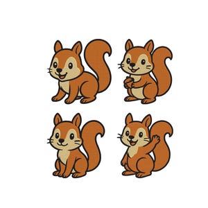 May include: Four cartoon squirrels in various poses. Each squirrel has a brown body, a lighter tan belly, and a large, fluffy tail. The squirrels are smiling and have black whiskers. The image is on a white background.
