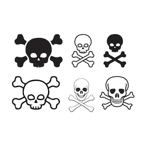 May include: A collection of six skull and crossbones designs in black and white. The skulls vary in style, with some solid black and others outlined. The crossbones are positioned beneath each skull, creating a classic pirate or danger symbol.