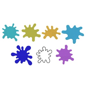 May include: A collection of colorful paint splatters in various shades of blue, green, yellow, and purple, along with a black outline. The splatters are arranged against a clean white background, creating a playful and artistic design.