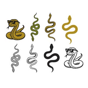 May include: Eight snake illustrations in different styles. Some are solid colours, including gold, green, and black. Others are outlined in black and white. Two snakes wear sunglasses, adding a playful touch to the designs.