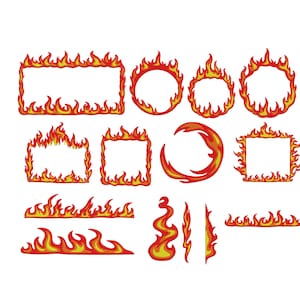 May include: A collection of stylized fire illustrations in red, orange, and yellow. The designs include rectangular and circular frames, curved shapes, and linear elements, all depicting flames. These graphics are suitable for various design projects.