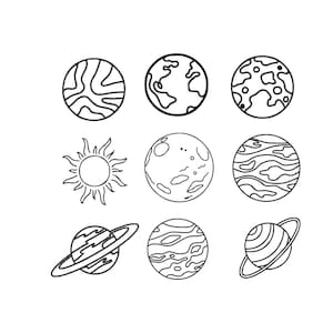 May include: Nine black and white line art illustrations of celestial bodies. The image includes depictions of planets with various surface patterns, a sun with radiating lines, and planets with rings.