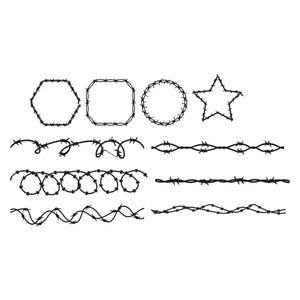 Könnte beinhalten: Schwarze Stacheldraht-Designs in verschiedenen Formen und Stilen. Enthält einen Sechseck, ein Rechteck, einen Kreis und einen Stern sowie mehrere lineare und wellenförmige Muster. Alle Designs vor weißem Hintergrund.