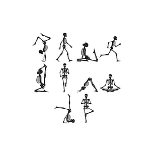 May include: A collection of ten black skeleton illustrations arranged in a grid, each depicting a different pose including running, walking, yoga positions, and handstands. The skeletons are rendered in a simple, high-contrast graphic style.