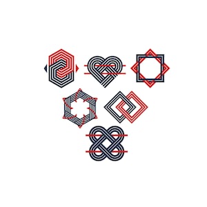 May include: A collection of six geometric graphic designs arranged in a triangular formation. Each icon features a combination of dark blue and red lines forming interlocking shapes including hexagons, a heart, squares, and a complex knot pattern.