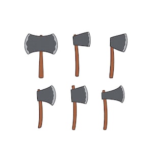 May include: Six axes are depicted against a white backdrop. The axes feature dark grey blades and brown handles. One axe has a double-sided blade. The image shows the axes in different orientations.